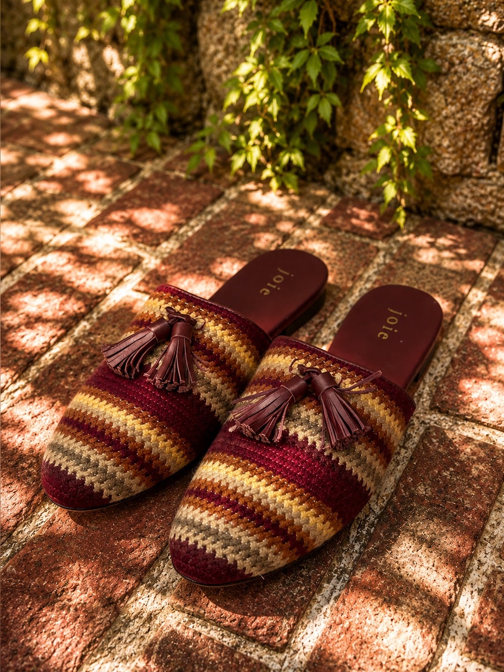 JOIE Textile and Leather Lucee Striped Textured Tasseled Flat Heel Boho Mules, 9